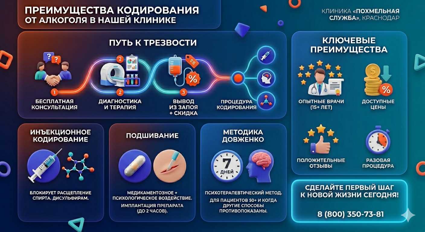 Инфографика о методах кодирования от алкоголя в Кулебаках: инъекции, подшивание, метод Довженко. Преимущества клиники и этапы лечения.