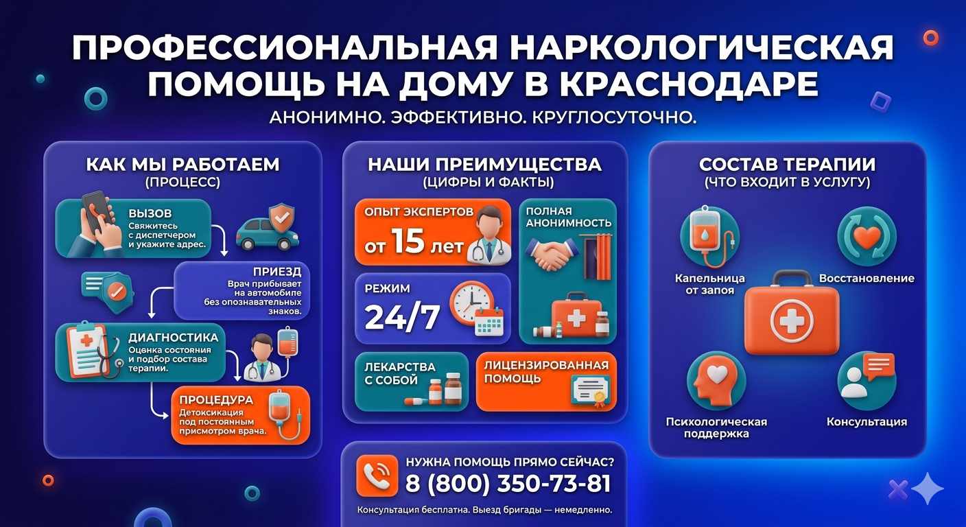 Инфографика о принципах лечения алкоголизма на дому в Кулебаках: этапы вызова нарколога, преимущества анонимной детоксикации и состав медицинской помощи.